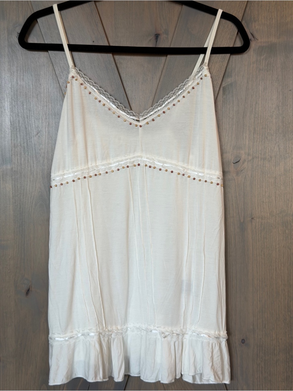 POL Boho-Style Camisole Slip Top Lace-Trim Bead Detail Adjustable Cream Medium